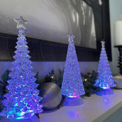 Multi-Color Christmas Tree Snow Globe Water Lantern - Christmas Tree Water Lantern with Swirling Glitter Snow and Star Topper, 13 Inches High x 4.5 Inches Wide, Battery Operated with Timer (Style A)