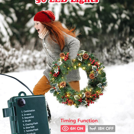 24 Inch Pre-Lit Artificial Christmas Wreath, Battery Operated LED Christmas Wreath with Pine Needles Branches Hari Leaves Red Berry Pine Cones Lighted Wreath for Front Door Wall Windows X-mas Ornament