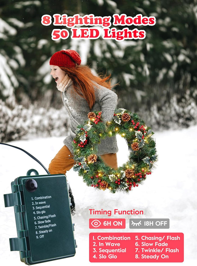24 Inch Pre-Lit Artificial Christmas Wreath, Battery Operated LED Christmas Wreath with Pine Needles Branches Hari Leaves Red Berry Pine Cones Lighted Wreath for Front Door Wall Windows X-mas Ornament