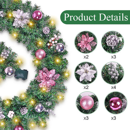 Christmas Garland with LED Lights, 6FT Mentle Garland with Pink Flower and Pine Cones for Christmas Decorations and Holiday Mantle Decor