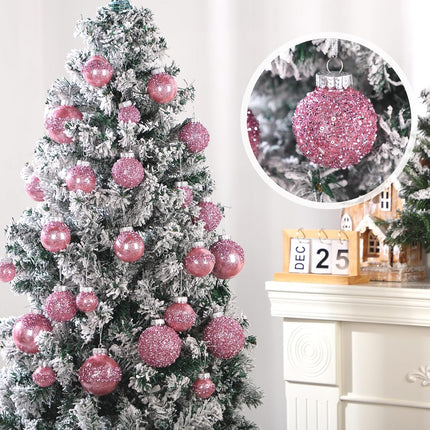 Civaner 24 Pcs Glitter Christmas Ball Ornaments Set 3.2'' 2.4'' 1.6'' Christmas Tree Ornaments Hanging Sequin Shatterproof Balls for Xmas Tree Wreath Garland Christmas Home Decor(Pink)