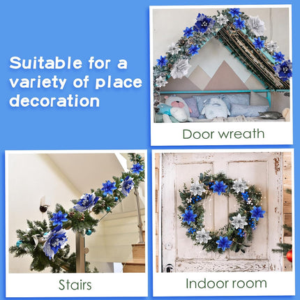 Jutom 40 Pcs 12.3/5.5 Inch Christmas Glitter Poinsettia Faux Flowers Blue Silver Poinsettias Artificial Flowers Ornaments Christmas Tree Decoration Poinsettia Christmas Decorations for Wedding Party