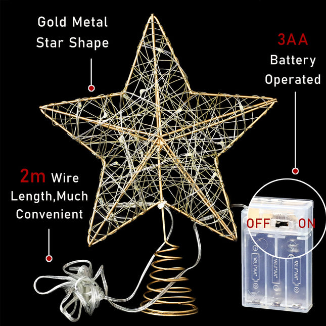Christmas Tree Toppers, 7“ Star Treetop Warm White 20 Lights, Lighted Tree Topper Battery Powered with Timer, Retro Style Metal Xmas Treetop Star for Xmas Tree Indoor Decor