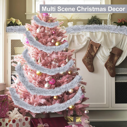 TURNMEON 5 String Total 50 Ft Tinsel Christmas Garlands Decorations White Edge Metallic Streamers Xmas Tree Decorations Indoor Outdoor Home Xmas Party Supplies, Each 10 Ft by 4 Inch(Silver)
