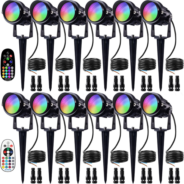 SUNVIE RGB Low Voltage Landscape Lights Color Changing 12W LED Landscape Lighting Outdoor Waterproof Spotlight Remote Control for Garden Pathway Christmas Decorative Lighting, 12 Pack with Connector