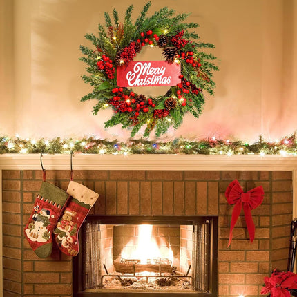 24 Inch Christmas Wreath with Lights Pinecone Berries, Christmas Wreaths for Front Door and Indoor Party Wall Table Home Decor