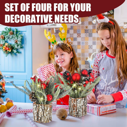 Lyrow 2 Pcs Small Christmas Tree Tabletop Mini Christmas Tree with Lights Artificial Mini Tabletop Christmas Tree Prelit Potted Decorations with Berries Pine Cones for Home Party 10.63 x 9.84 Inches