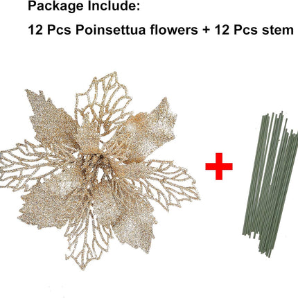 Zhenrui 12 pcs 6” Christmas Poinsettia Flower, Glitter Poinsettia Tree Ornaments, Champagne Artificial Flower Decorating Wreath Garland, Great for Wedding Holiday and Home Decor, with Stems
