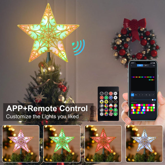 Christmas Star Tree Topper, RGB 9In Glittered Star Tree Topper Light with 10 LED Lights, Hollow Designed with USB Plug for Indoor Year Holiday Tree Decoration