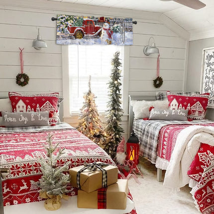 Christmas Snowman Valances Windows Curtain Red Truck with Xmas Tree Kitchen Valances Rod Pocket Snowy Winter Short Topper Curtains for Winter Holiday Christmas Decorations 1 Panel,54 by 18 inches