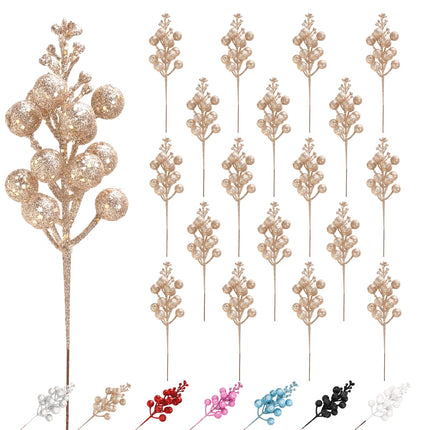 Champagne Gold Ornaments for Christmas Tree Decorations,18 Pack Christmas Tree Picks, Artificial Glitter Berries Stems, Champagne Gold Christmas Tree Stems for Christmas Tree Topper, Filler, Wreath