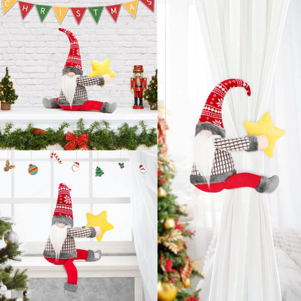 FIREOR Gnome Christmas Tree Topper Decorations , Handmade Large Plush Dwarf Ornaments with Star Red Plaid Hat Xmas Home Holiday Party Decor Scandinavian Swedish, Curtain Tie Wine Bottle Decoration