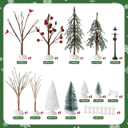 Haooryx 24pcs Mini Artificial Christmas Village Tree Accessories Miniature Pine Trees Park Bench Seat Snow Frost Trees Set Farmhouse Xmas Scene Figurines Decor Xmas Diy Crafts Village Collections