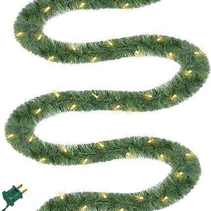 Biswing 50FT Pre-lit Christmas Green Garland, Lighted Artificial Pine Garlands with 100 Count Clear Incandescent Mini Lights, Light Up for Indoor Outdoor Gate Home Winter Holiday Year Decorations
