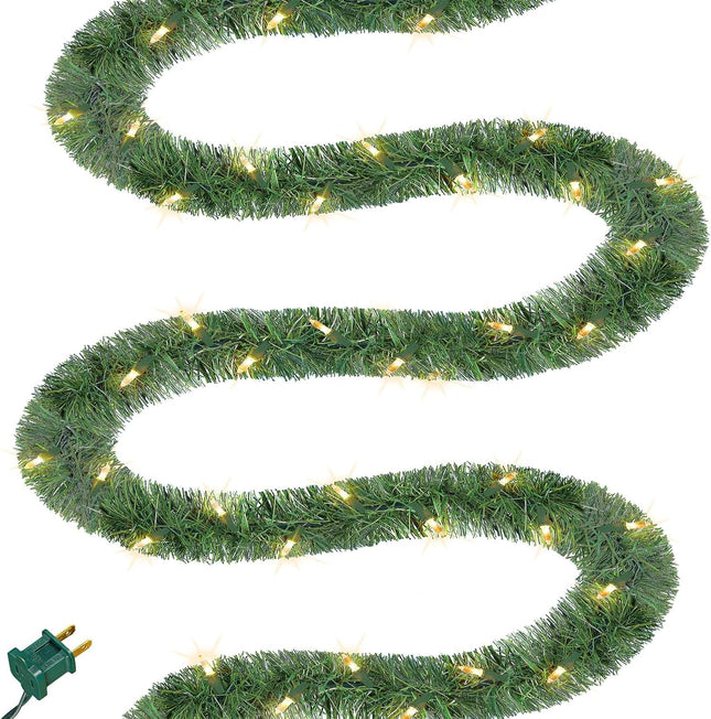 Biswing 50FT Pre-lit Christmas Green Garland, Lighted Artificial Pine Garlands with 100 Count Clear Incandescent Mini Lights, Light Up for Indoor Outdoor Gate Home Winter Holiday Year Decorations