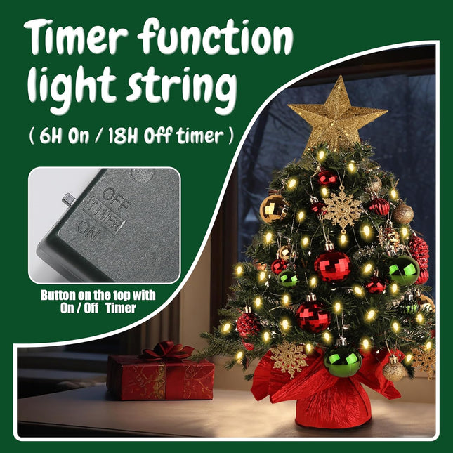 Small Tabletop Christmas Tree 24 Inch /2FT Mini Xmas Christmas Tree with Warm-White Lights,Mini Table Top Christmas Tree with Hanging Ornaments and Star Treetop, Boxes for DIY Christmas Decoration