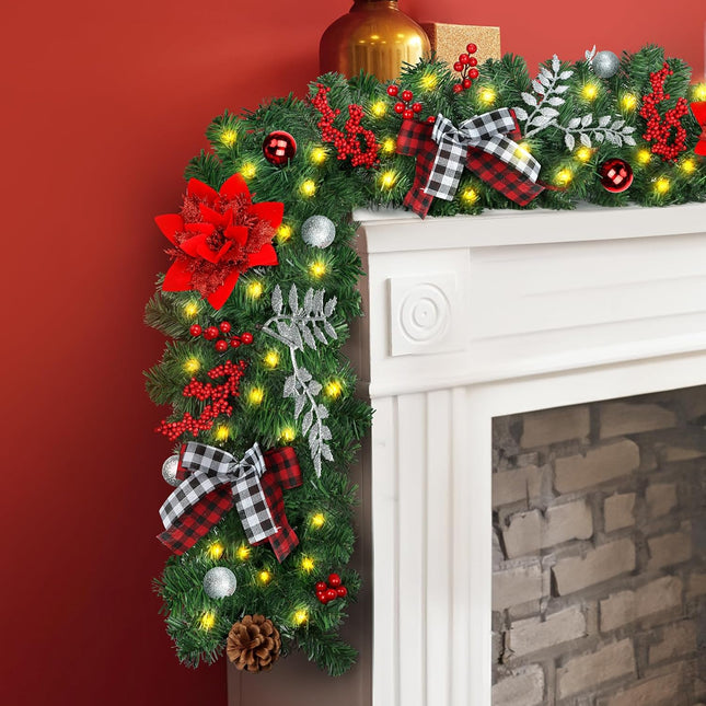 DOIOWN Christmas Garland,9Ft Prelit Christmas Garland with Lights,100 LED Christmas Decorations Garland with Berries,Bows,Pine Cones,Flowers for Stairs Indoor Outdoor Decor Battery Operated