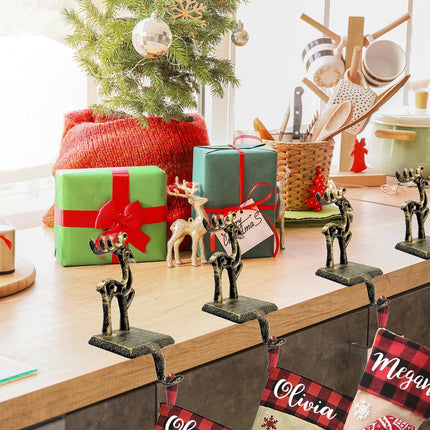 6 Pieces Reindeer Christmas Stocking Holder Christmas Hooks Skid Mantel Hooks Hanger for Fireplace Standing Christmas Decorations
