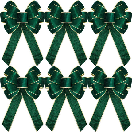 Lenwen 6 Pcs Large Christmas Bows Velvet Christmas Wreath Bows Christmas Tree Topper Bow with Golden Edge Big Xmas Ornament for Wreath Home Front Door Decor (Green,9 x 13 Inch)
