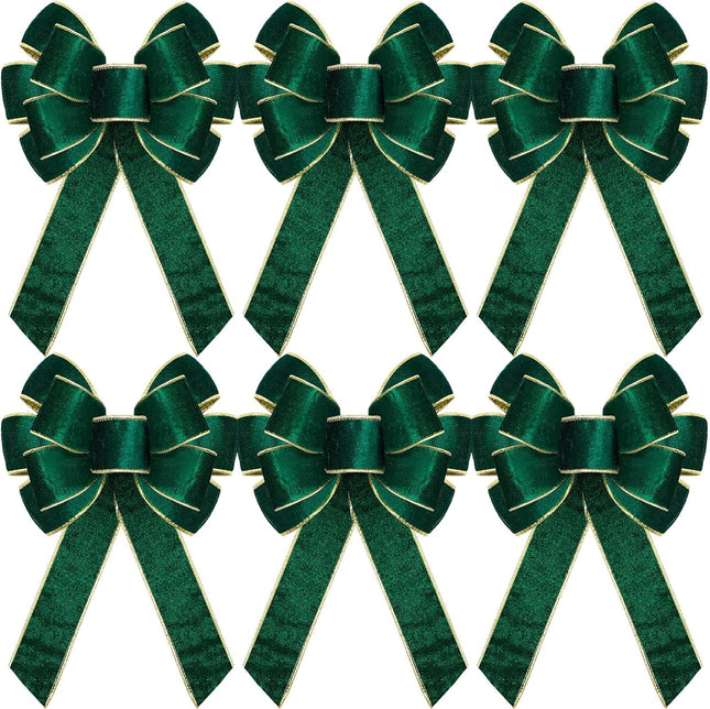 Lenwen 6 Pcs Large Christmas Bows Velvet Christmas Wreath Bows Christmas Tree Topper Bow with Golden Edge Big Xmas Ornament for Wreath Home Front Door Decor (Green,9 x 13 Inch)
