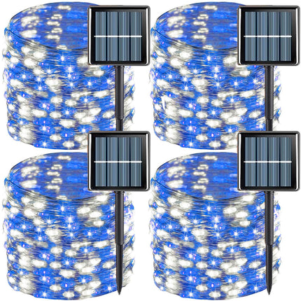 QITONG 4 Pack Blue and White Solar Fairy Lights, Each 33ft 100 LED Solar Christmas Lights, 8 Modes Silver Wire Solar Outdoor String Lights