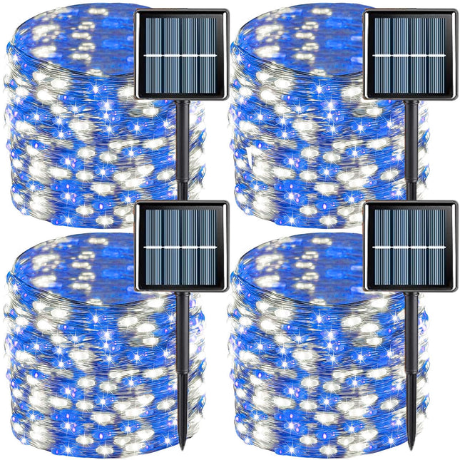 QITONG 4 Pack Blue and White Solar Fairy Lights, Each 33ft 100 LED Solar Christmas Lights, 8 Modes Silver Wire Solar Outdoor String Lights