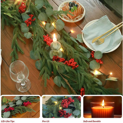 Real Touch Norfolk Pine Garland with Lights, Red Berries and Eucalyptus Leaves, Christmas Garland for Year and Home Decoration, 6FT