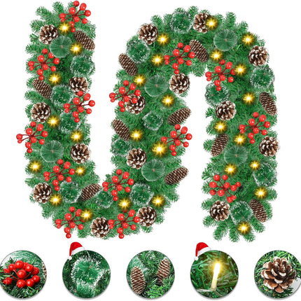 Christmas Garland Decorations with Lights: 9 FT Lighted Battery Operated Garland with Pine Cones Red Berries, Christmas Decor Indoor Outdoor for Mantle Stairs Door Fireplace Staircase Window Railing