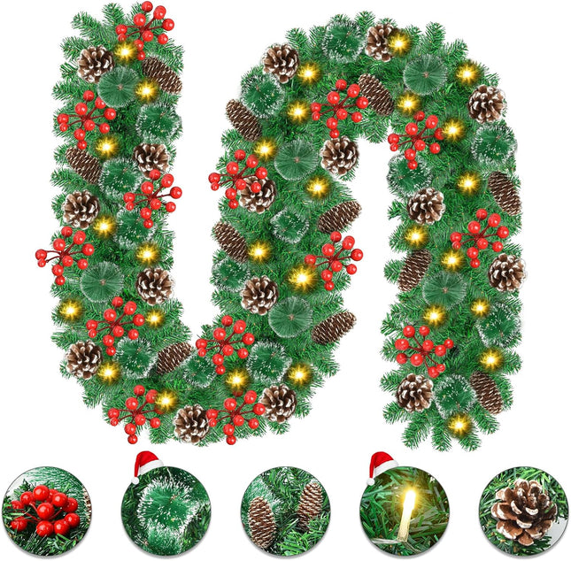 Christmas Garland Decorations with Lights: 9 FT Lighted Battery Operated Garland with Pine Cones Red Berries, Christmas Decor Indoor Outdoor for Mantle Stairs Door Fireplace Staircase Window Railing