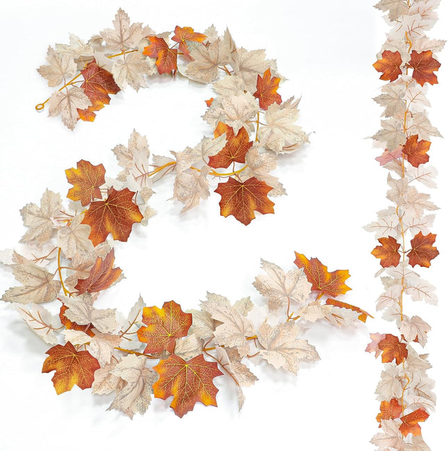 2 Pack Fall Maple Leafed Garland Thanksgiving Decorations, Total 11.8Ft Artificial Hanging Vine Fall Foliage Garland Fall Autumn Decor Indoor Outdoor Home Mantle Wedding Party(Mixed Gray-White Brown)