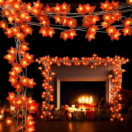 2 Pack Maple Leaf Lights, Thanksgiving Decorations for Home, Leaves Garland with Lights, Total 30Ft 60LED Fall Leaf Decor String Lights, Thanksgiving Christmas Halloween Decorations Indoor Outdoor