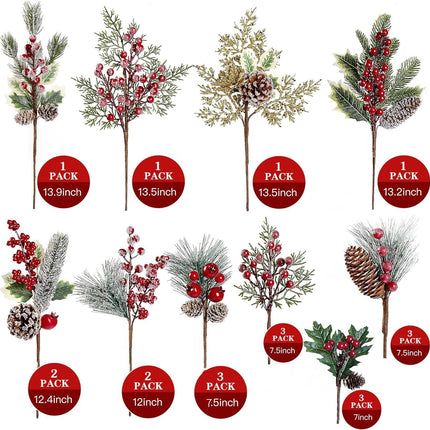 Sggvecsy 20 Pack 10 Kinds Artificial Christmas Picks Assorted Red Berry Picks Stem Faux Pine Picks Spray with Pinecones Holly Leaves for Floral Arrangement Wreath Winter Holiday Season Decor