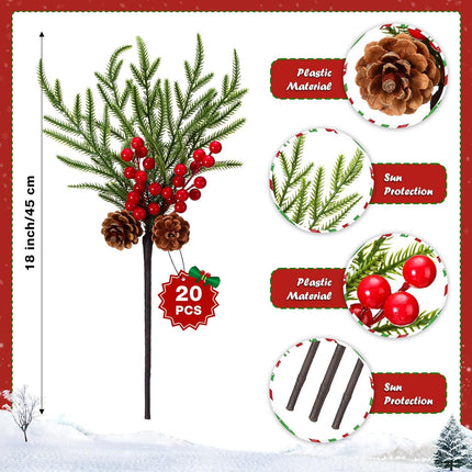 HyDren 20 Pcs Christmas Artificial Norfolk Pine with Cone and Berry, 17 Inches Artificial Greenery Norfolk Pine Stems Long Xmas Faux Pine Stem for Crafts Christmas Tree DIY Garland Holiday Wreath