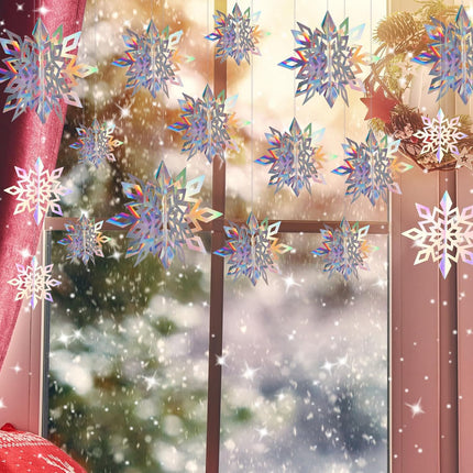 3D Hanging Snowflake Decorations - 48Pcs Large Holographic Snowflakes in 3 Sizes Christmas Tree Hanging Ornaments for Winter Wonderland Decorations Frozen, Snowflakes Birthday Party, Rainbow