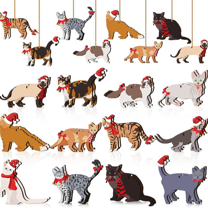 Yalikop 24 Pcs Christmas Wooden Ornaments for Tree Christmas Dinosaurs Hanging Ornaments Cute Xmas Holiday Dinosaur Wood Tree Decorations for Christmas Party Favors(Cat)