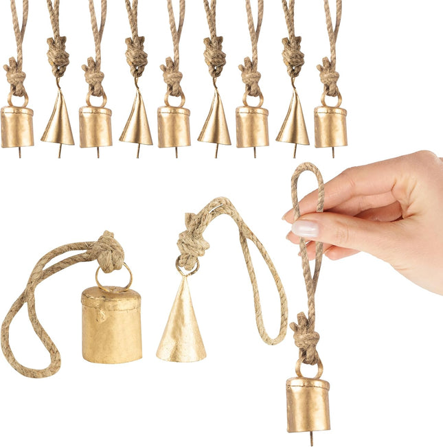 20 Pc Vintage Rustic Metal Cow Bells Christmas Decor Bells - Antique Handmade 4cm Bells, Gold Bells, Witch Bells - Unique Old Look Xmas Bells for Decoration