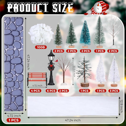 Hiboom 32 Pcs Christmas Figurine Village Accessories Mini Village Trees Frosted Christmas Pine Trees Cobblestone Street Accessory Figurine Village Display for Xmas Winter House Decor