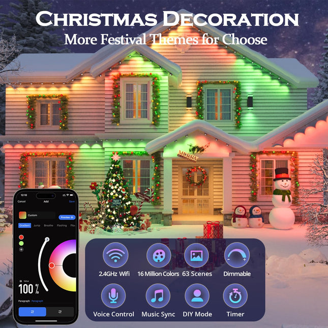 wowlite Permanent Outdoor Lights, 100FT Smart RGB Outdoor Lights with 63 Scene Modes, Waterproof Outside Decoration Lights with 72 LED Eaves Lights for Halloween Christmas Party Holiday