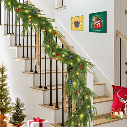2 Pcs Artificial Norfolk Pine Garlands, Real Touch Winter Pine Garland with Berries, Decorative Balls and LED Light, for Table, Mantle, Wall, Indoor, Outdoor Christmas Decorations (2, 6 FT)
