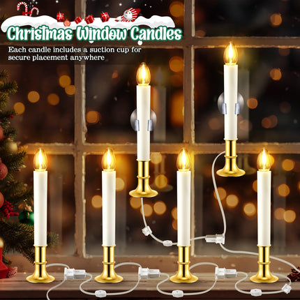 Meonum Set of 6 Christmas Electric Window Candles with Stability Gold Plated Base, 0.6 Watt LED Bulb, Suction Cups, and Plug in Design with On/off Switch Suitable for Home, Xmas, and Holiday Parties