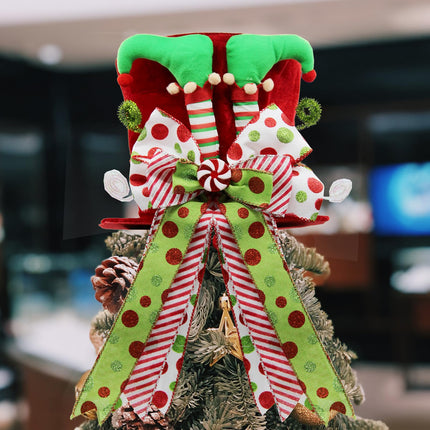 Christmas Tree Topper Hat with Bow, Large Christmas Tree Topper with Elf Legs and Red & Green Polka Dot Bow, Tree Toppers Christmas Decorations for Winter Holidays