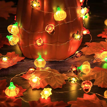 Thanksgiving Decoration 10FT 30 LED 3D Pumpkin Maple Acorn Leaf String Lights Battery Operated USB Plug Remote Timer Orange Fall Lights for Home Autumn Garland Harvest Halloween Party Christmas Decor