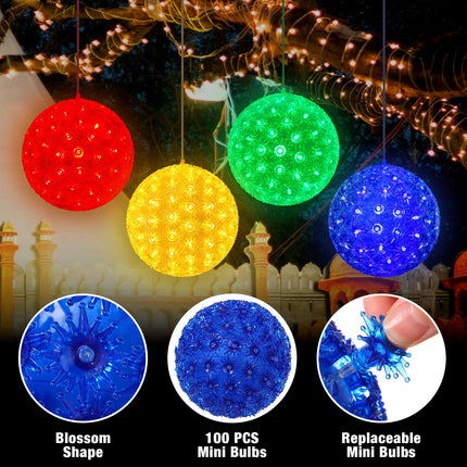 8 Pcs Christmas Lights Ball 5.5 in 100 Led Starlight Sphere Lights Christmas Hanging Sphere Lights with Stackable Plug S Hook for Trees Xmas Party Weddings Porches Indoor Outdoor Decorations