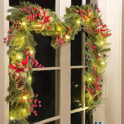 Pre-Lit Christmas Garland Decoration - 9FT Battery Christmas Garland with Lights, including Pine Cones, Safflower, Red Berry Cluster, Pine Branch, Leaves, Mixed Decors for Mantel Fireplace Stairs Door