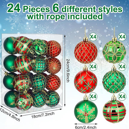 Hungdao 24 Pcs Christmas Ball Ornaments Red Green and Gold Christmas Tree Hanging Ornaments 2.4'' Glitter Christmas Ball Decorations Christmas Tree Pendants for Tree Xmas Holiday Party