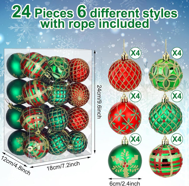 Hungdao 24 Pcs Christmas Ball Ornaments Red Green and Gold Christmas Tree Hanging Ornaments 2.4'' Glitter Christmas Ball Decorations Christmas Tree Pendants for Tree Xmas Holiday Party