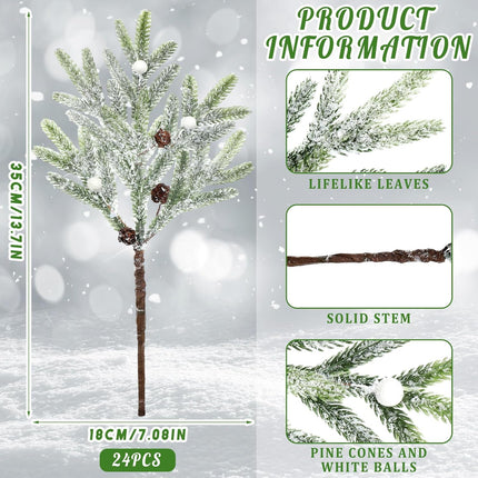 Cindeer 24 Pcs Christmas Snowy Pine Tree Pick 14'' Artificial Pinecones Spray Faux Cedar Pine Needles Branches Frosted for Holiday Floral Arrangement Wreath DIY Garland Holiday Decor Winter Greenery