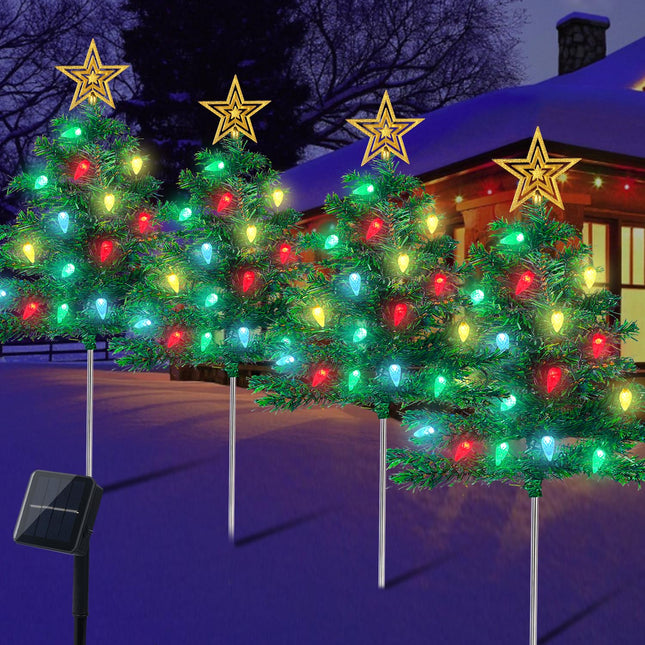 Christmas Decorations Outdoor 4 Sets Solar Christmas Tree with 80pcs Multi-Color Led Lights and Star Topper 8 Lighting Modes Waterproof Pathway Lights for Outside Garden Yard House Front Porch