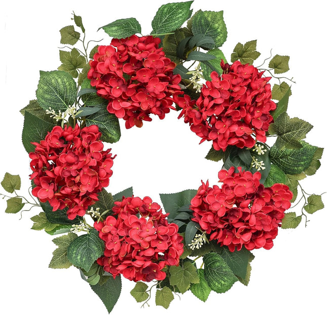 Burgundy Hydrangea Spring Wreath for Front Door, 18-20Inch Outdoor Red Summer Wreath for Wedding Home, Farmhouse Indoor Decor for All Seasons, Year Round Flower Fall Christmas Wreath