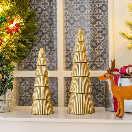 Christmas Tree Figurine, Table Top Small Gold Christmas Decorative Statues, Set of 2 Desk Centerpieces for Neutral Christmas Decor, Modern Mantle Christmas Decorations,
